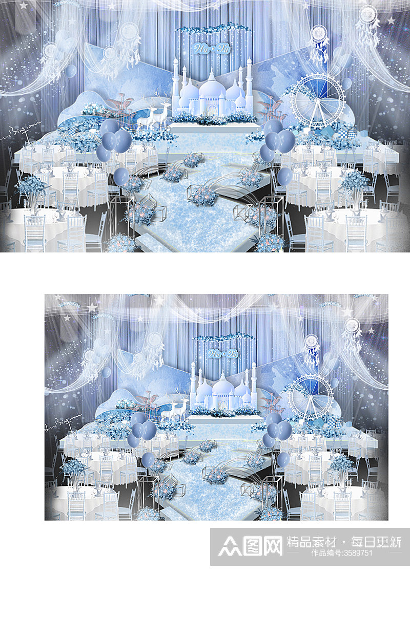 蓝白色梦幻城堡摩天轮婚礼仪式区效果图素材