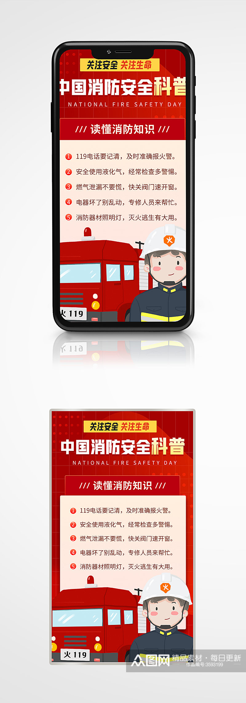 红色简约风消防安全科普手机海报卡通119素材