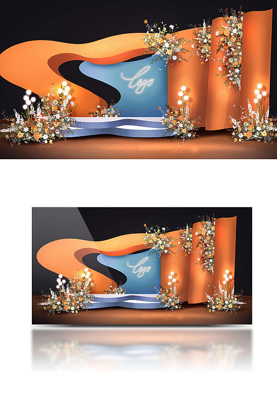 蓝橙色舞台背景迎宾区婚礼效果图撞色-众图网