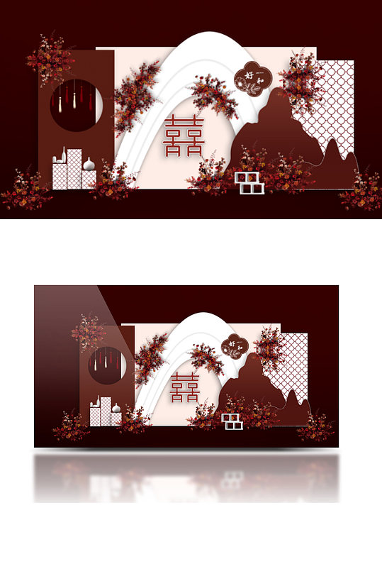 中式红色婚礼迎宾区效果图中国风背景板