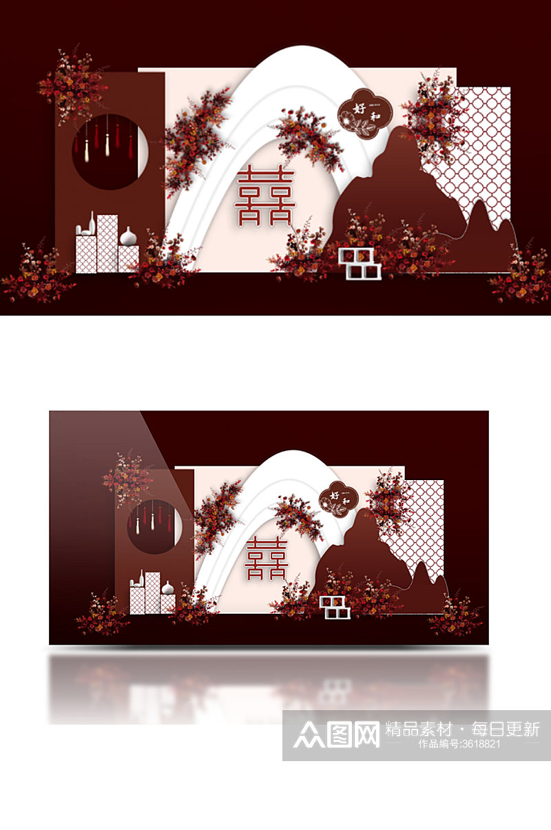 中式红色婚礼迎宾区效果图中国风背景板素材