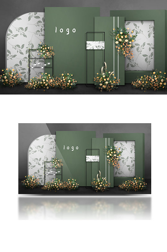 白绿色婚礼迎宾区效果图清新浪漫背景板-众图网