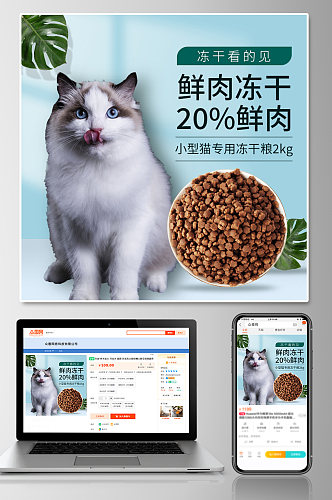 宠物用品猫粮鲜肉冻干蓝色小清新主图