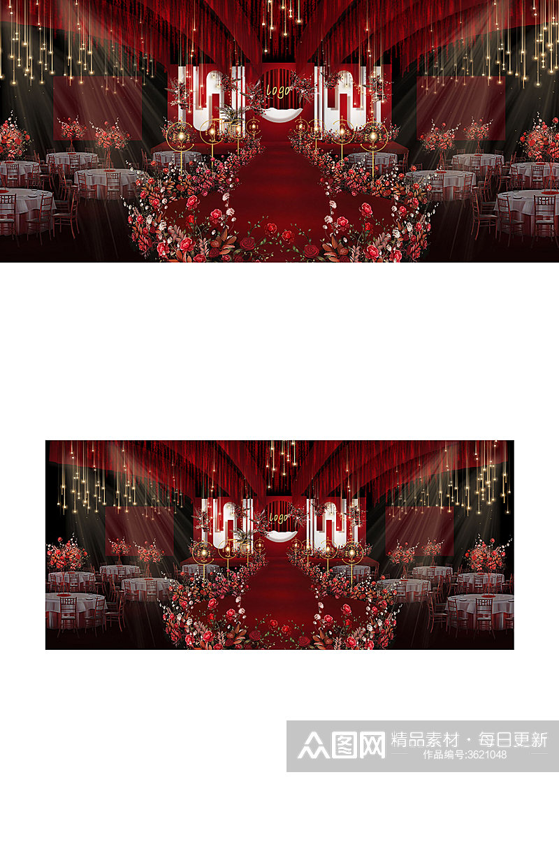 红白几何舞台区婚礼效果图中国风大气中式素材