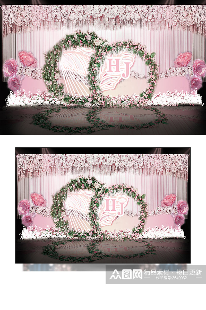 粉色花环婚礼迎宾区浪漫清新背景板素材
