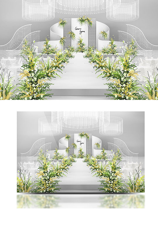 白绿黄色高级感弧形喷绘水晶婚礼效果图