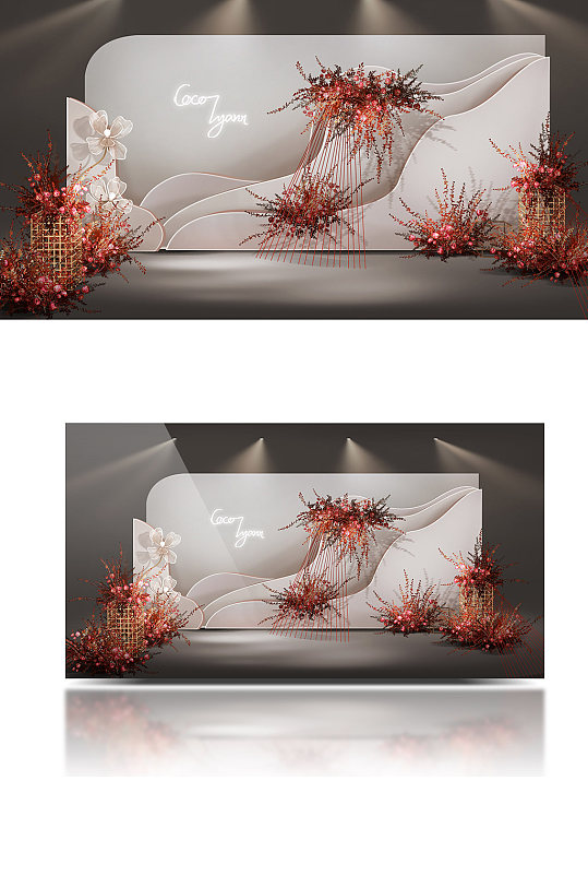 简约红白香槟色轻复古婚礼效果图迎宾签到-众图网