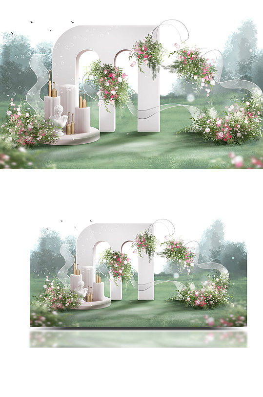 白绿粉色田园小清新户外婚礼效果图甜品区-众图网