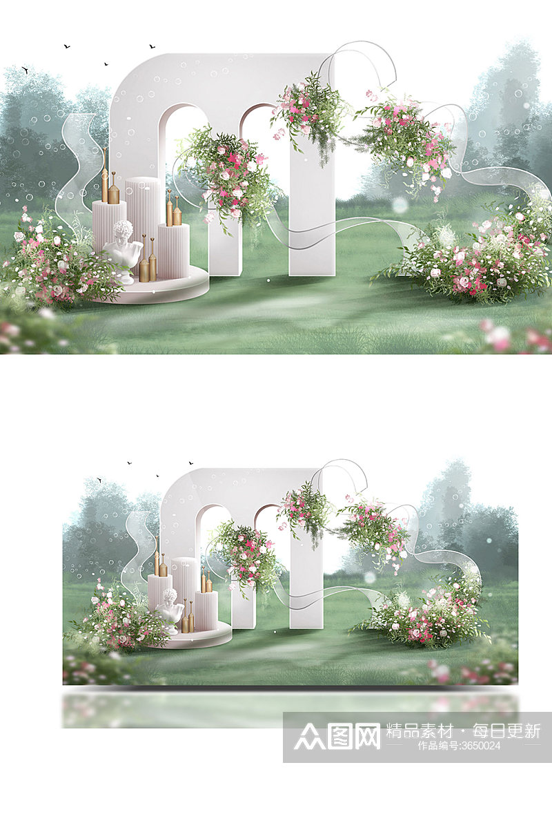 白绿粉色田园小清新户外婚礼效果图甜品区素材