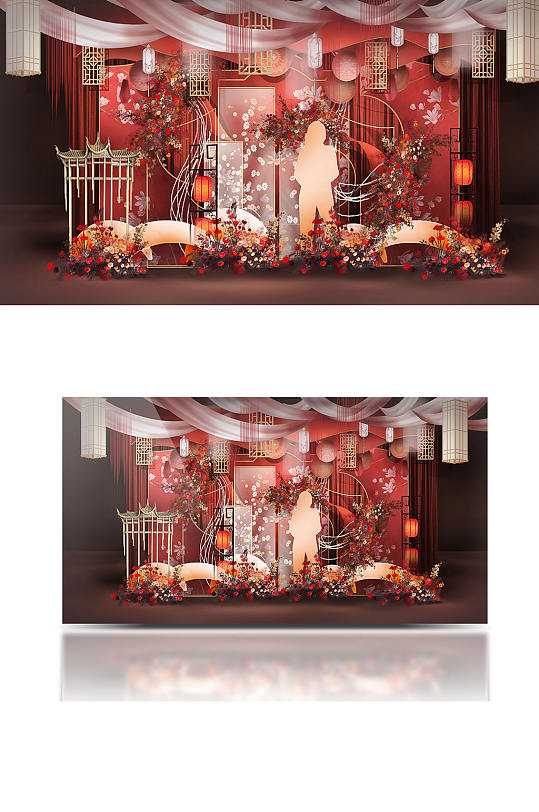 中国风应援花墙红色大气轻奢浪漫婚礼效果图-众图网
