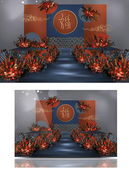 红蓝撞色复古国潮中国风新中式婚礼效果图