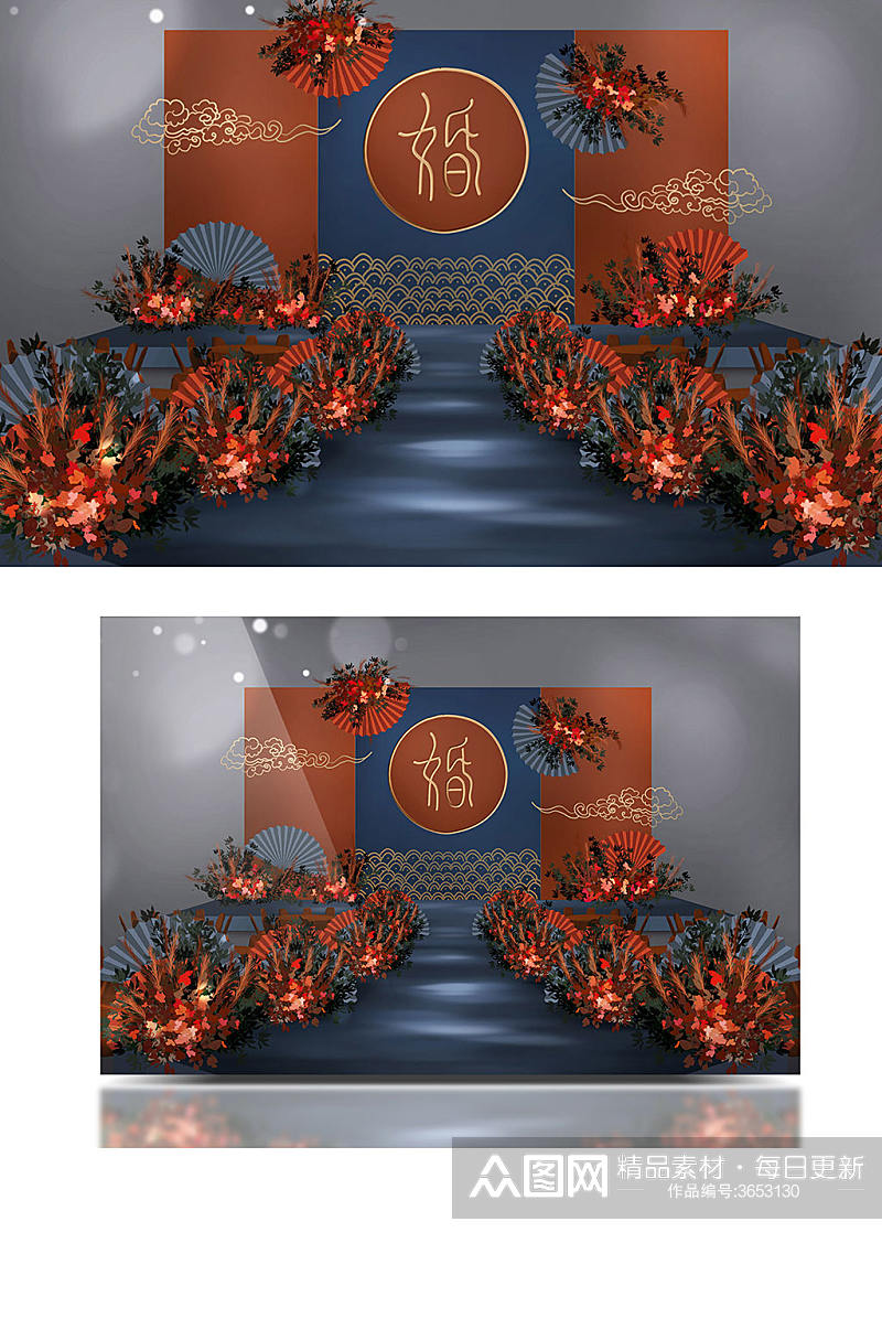 红蓝撞色复古国潮中国风新中式婚礼效果图素材