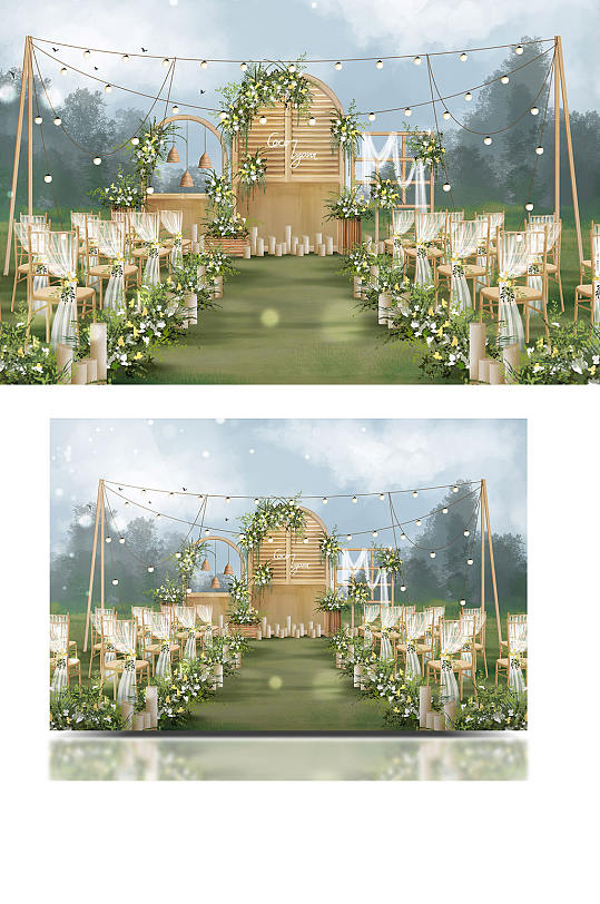 白绿原木色清新简约木拱门户外婚礼效果图