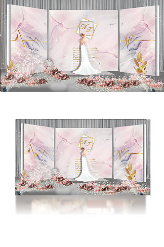 紫粉色婚礼效果图迎宾区浪漫合影区背景板