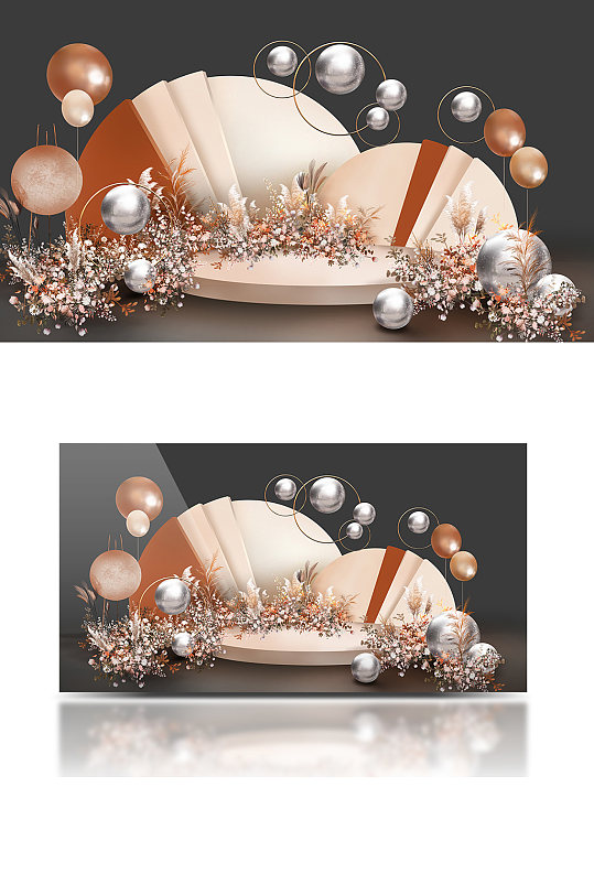 橙色半圆泰式简约求婚婚礼效果图背景板合影-众图网