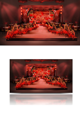 红色中式婚礼舞台效果图设计大气中国风
