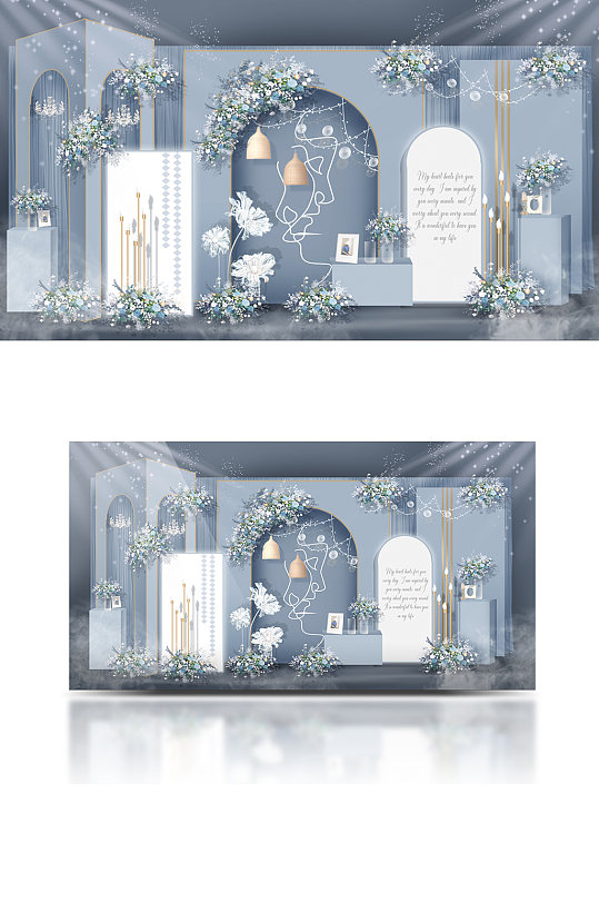 原创雾霾蓝婚礼迎宾区清新背景板合影区-众图网
