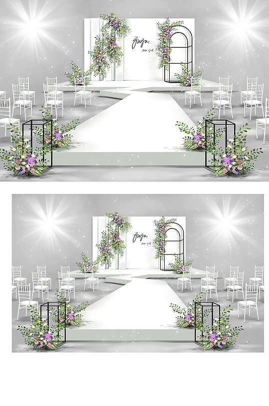 原创字体白色紫色小清新简约婚礼效果图舞台-众图网