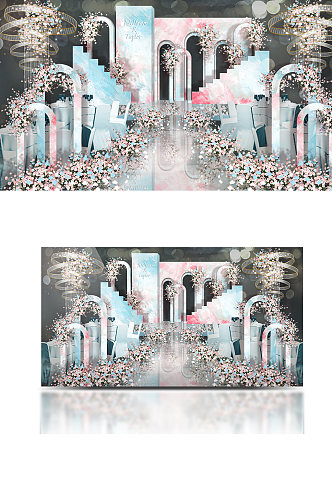 粉蓝油画背景拱门婚礼舞台效果图浪漫温馨