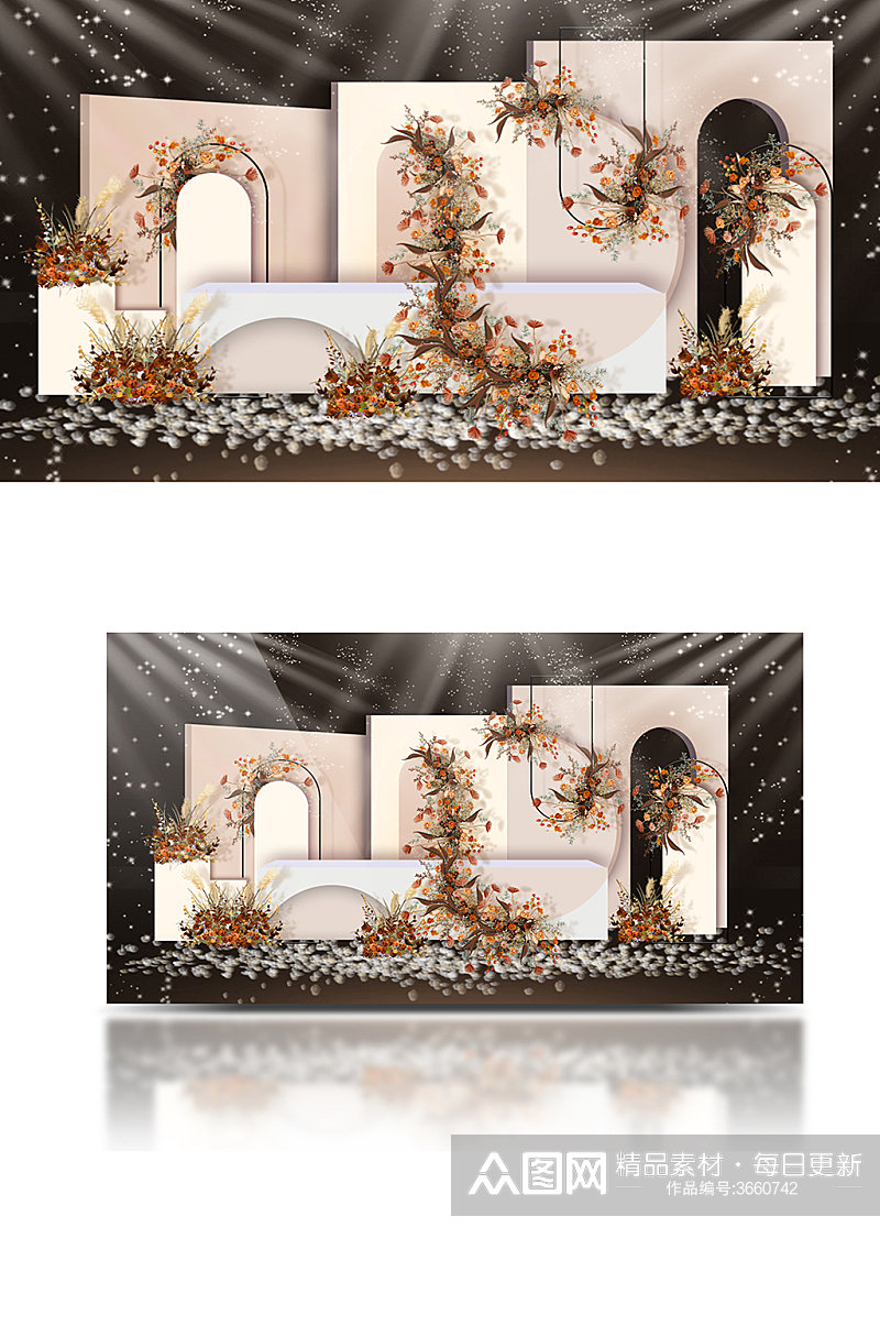香槟秋色婚礼效果图设计迎宾背景板合影区素材