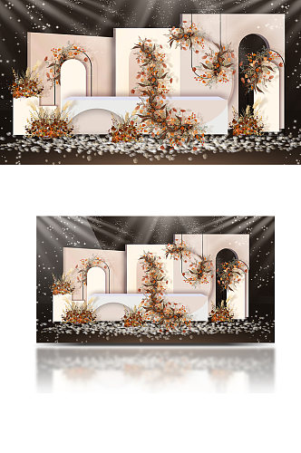 香槟秋色婚礼效果图设计迎宾背景板合影区