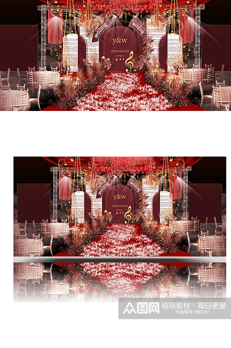 红色婚礼效果图设计温馨中国风大气轻奢舞台素材