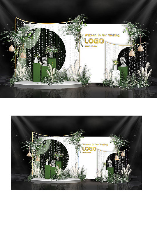白绿色户外简约异形婚礼效果图迎宾区-众图网