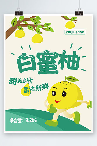 白蜜柚海报水果包装插画卡通手绘鲜果