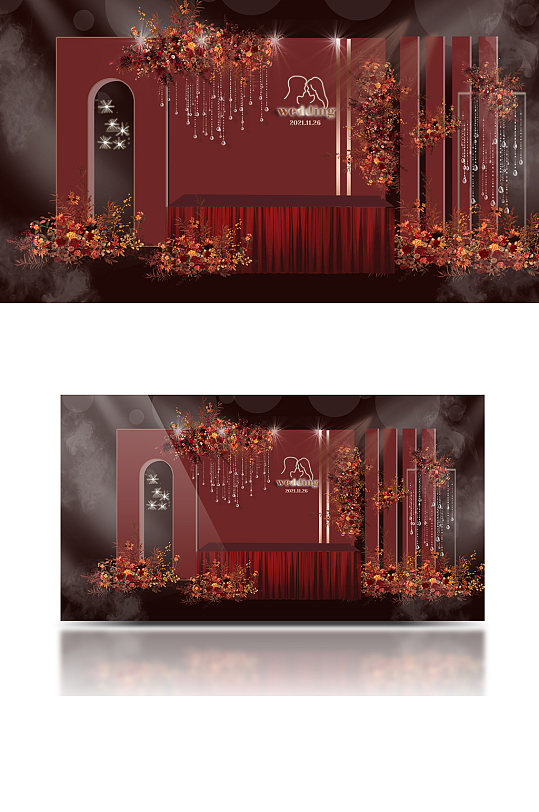 红色婚礼签到区效果图浪漫温馨迎宾背景板-众图网