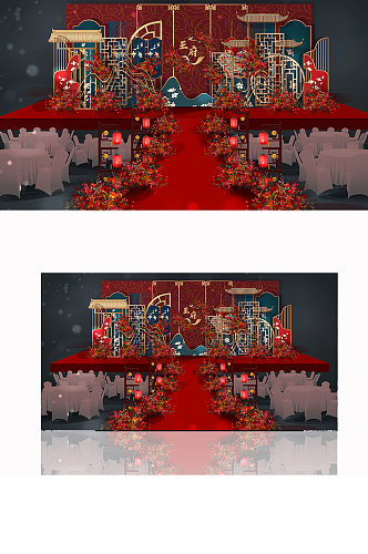 红色中式婚礼效果图中国风大气舞台