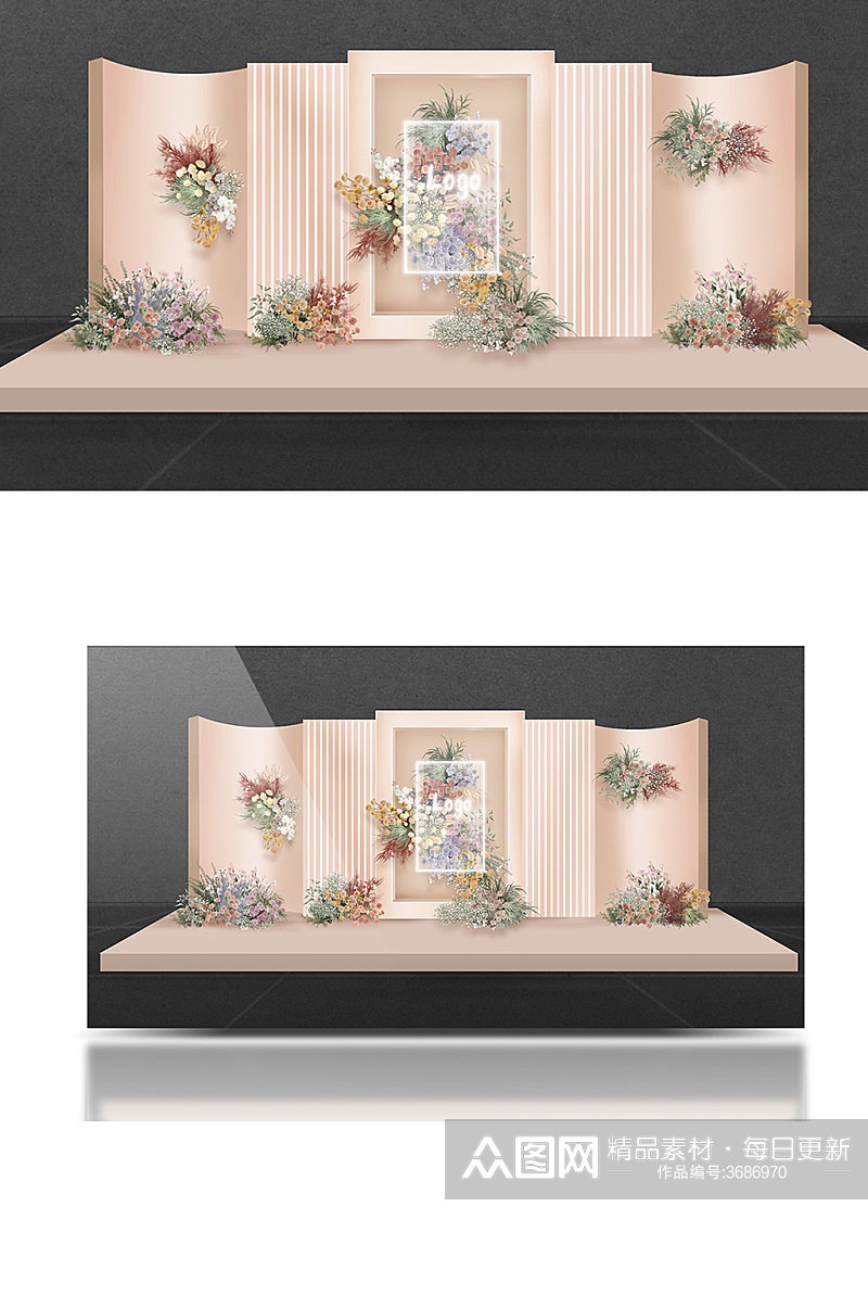 泰式粉色婚礼效果图迎宾区合影区浪漫背景板素材