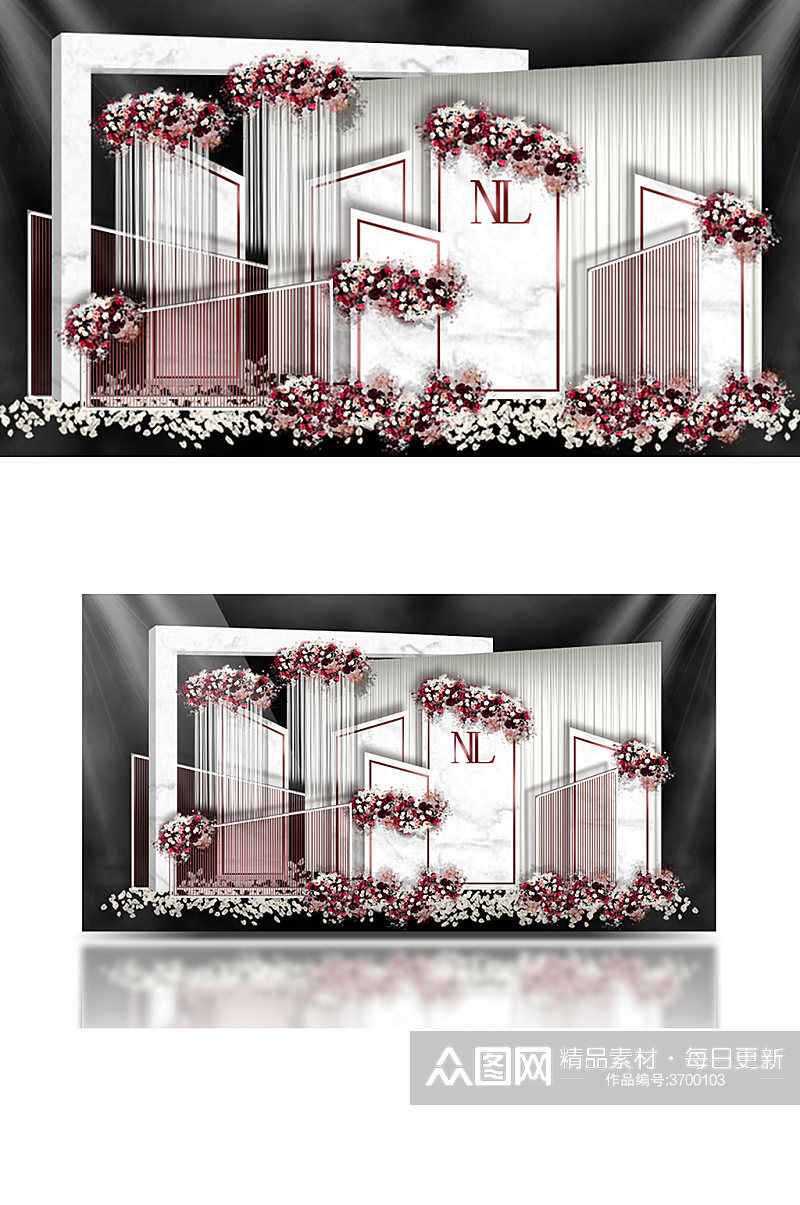 大理石红白婚礼留影区迎宾区背景板浪漫温馨素材