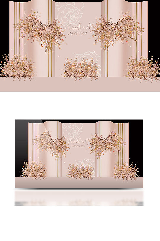 香槟粉色简约婚礼布置效果图素材背景板