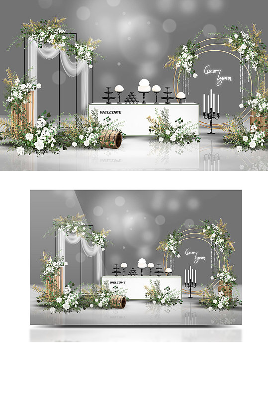 草坪白绿森系清新花艺简约婚礼效果图甜品区-众图网