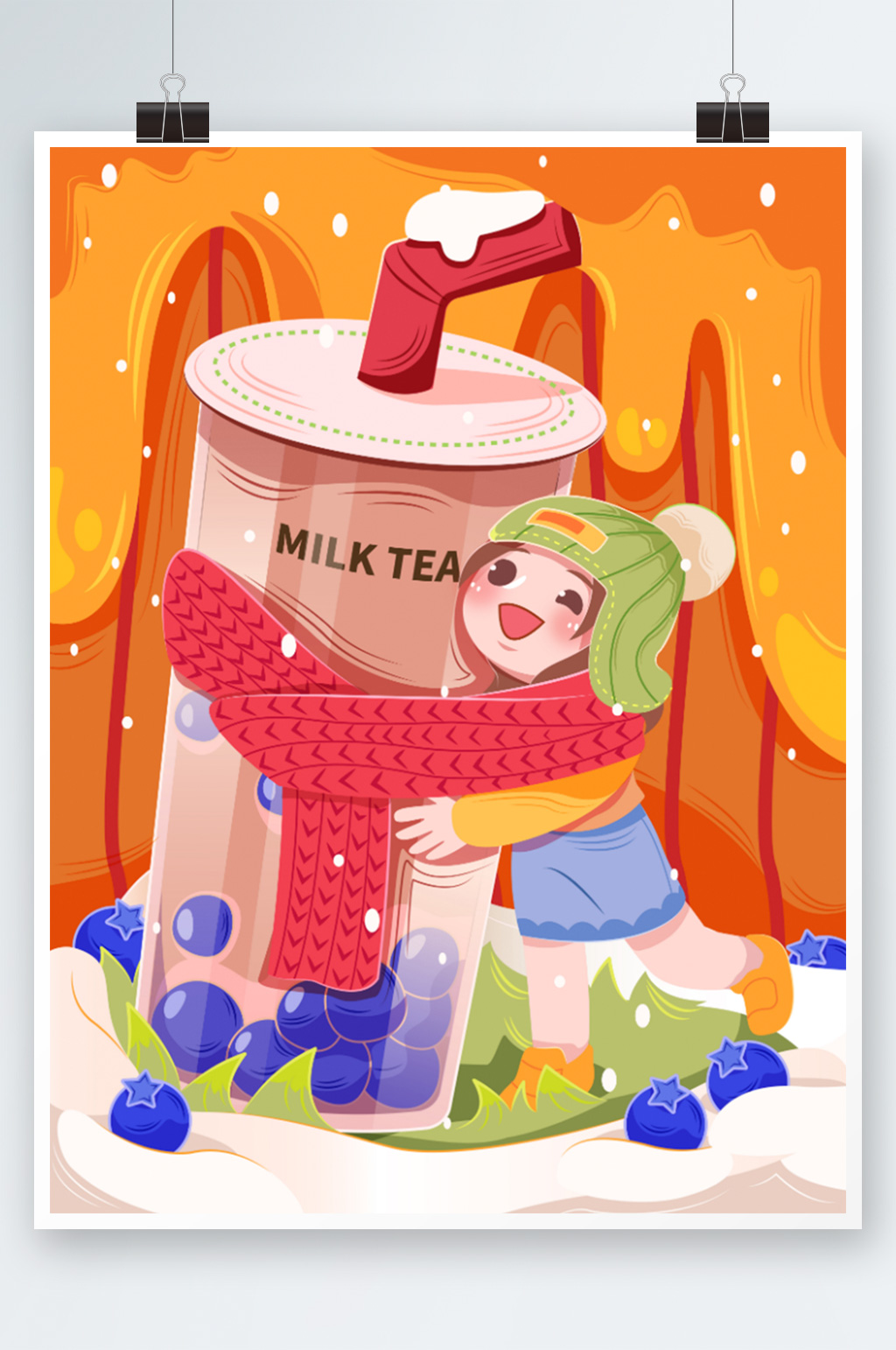 冬季奶茶围脖蓝莓温暖女孩矢量插画海报