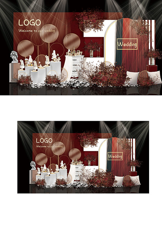 原创红白色简约婚礼效果图中国风迎宾背景板-众图网