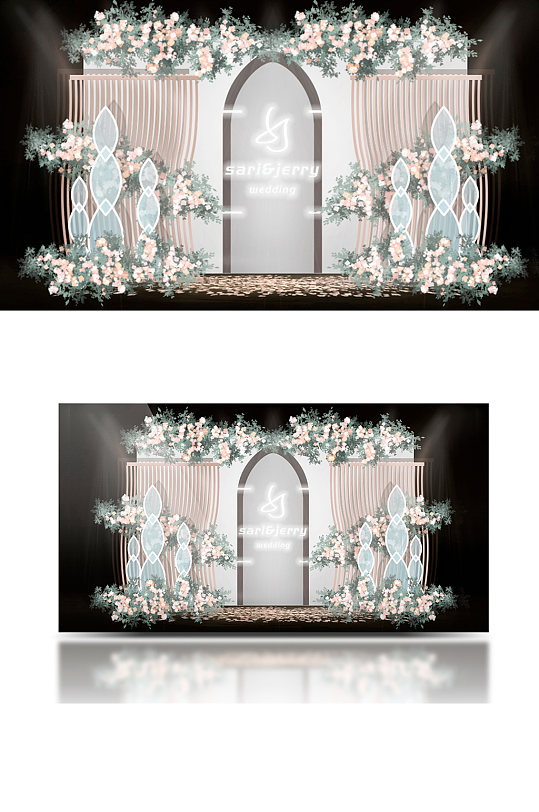 原创清新简约灰蓝色调婚礼甜品效果图背景板