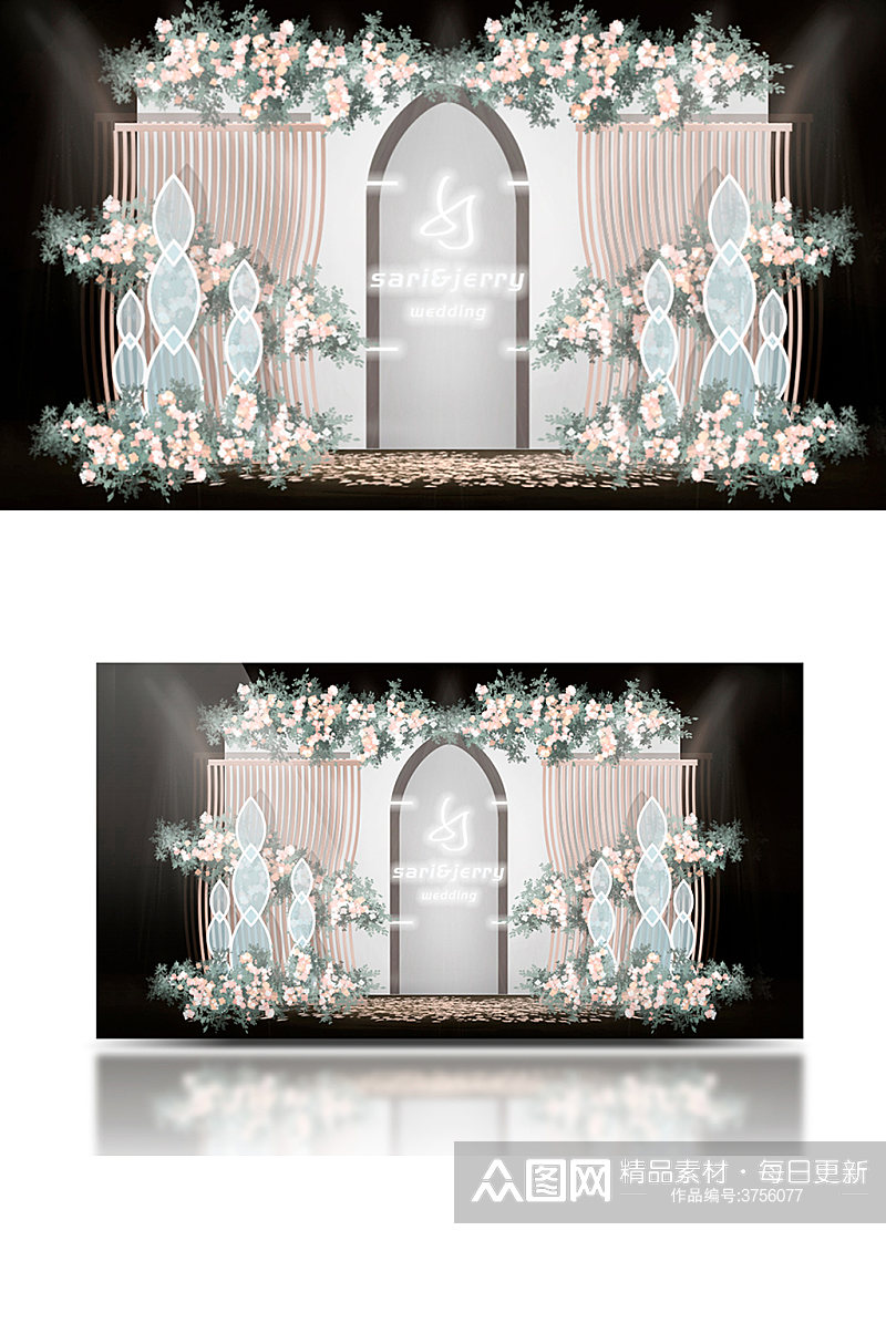 原创清新简约灰蓝色调婚礼甜品效果图背景板素材