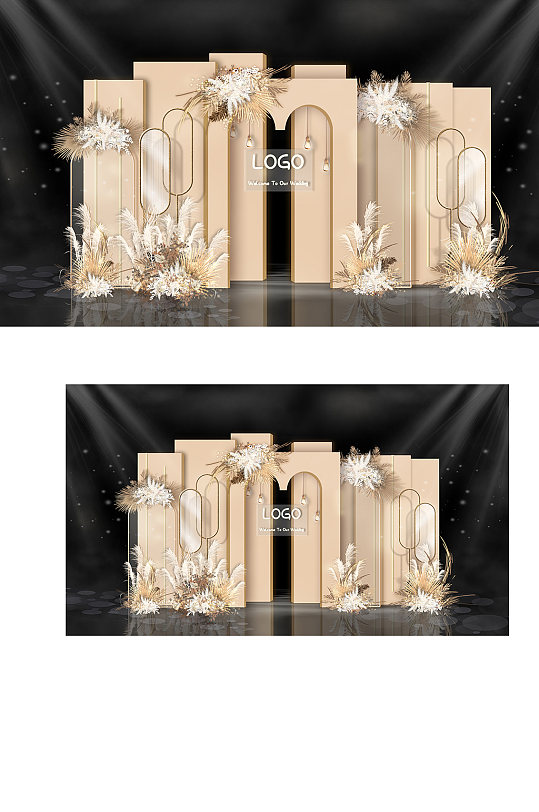 原创香槟色简约婚礼效果图迎宾合影区背景板-众图网