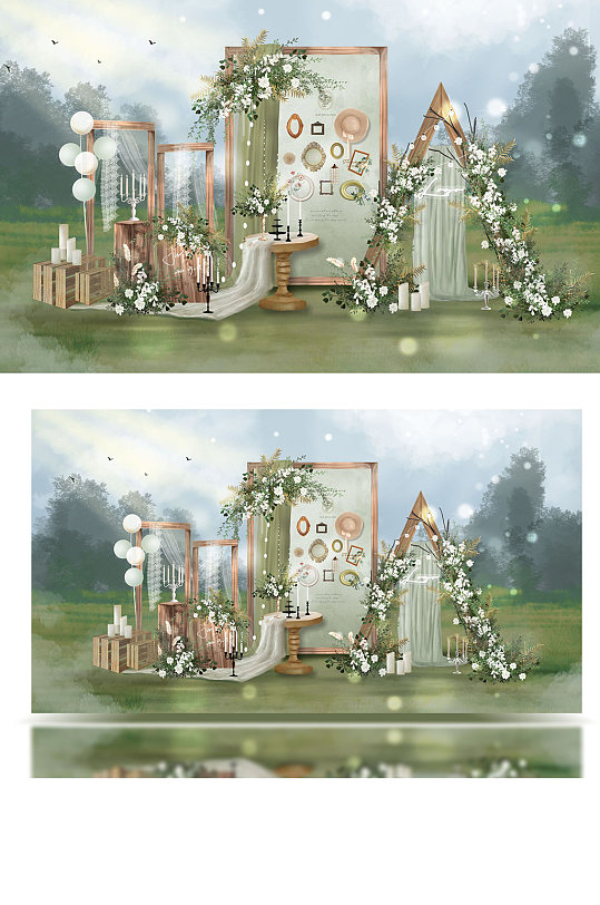 原创清新户外白绿色木制合影婚礼效果图-众图网