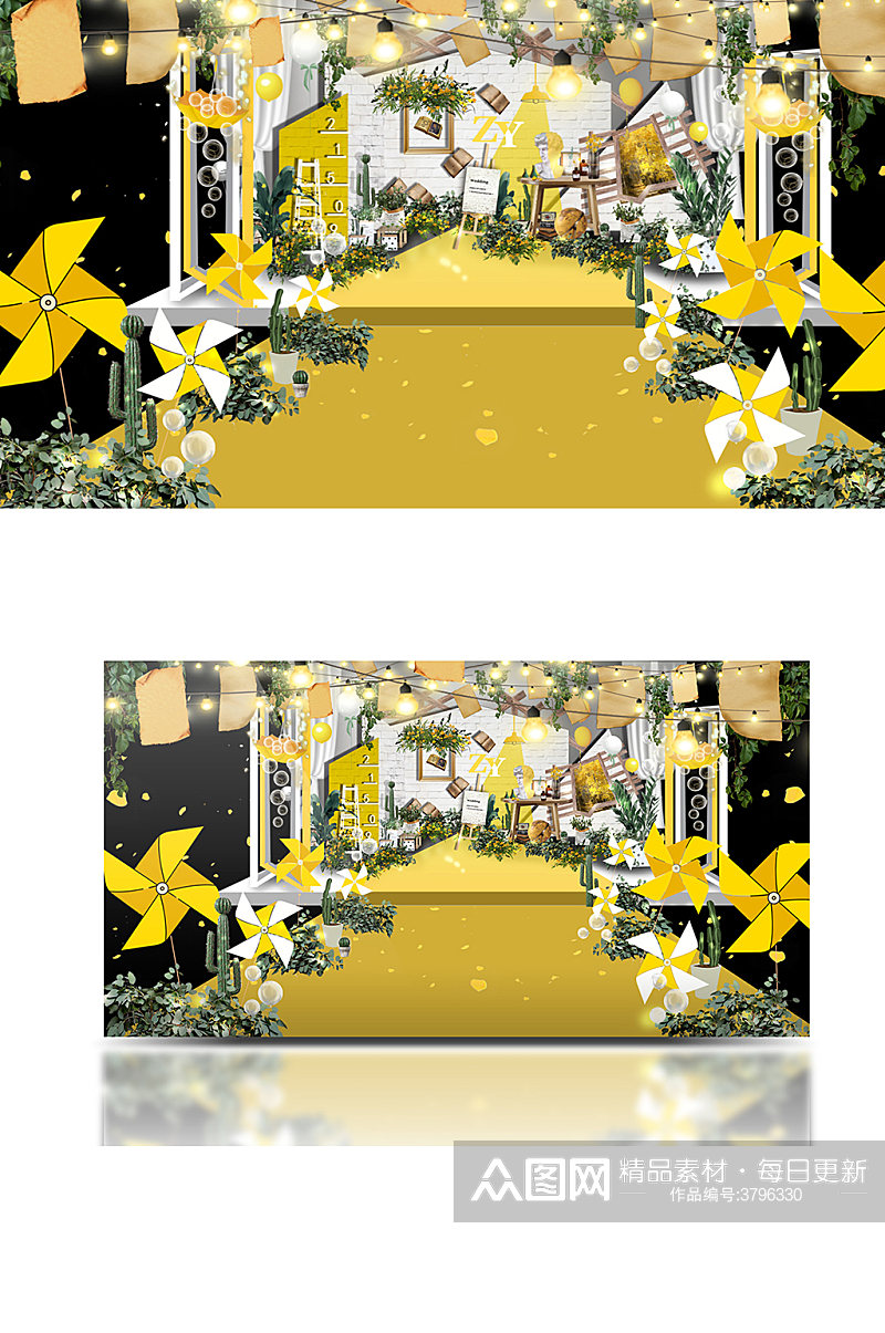 黄色婚礼效果图户外婚礼卡通清新浪漫素材
