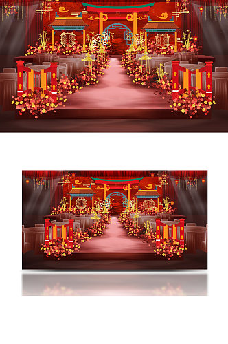 红色中式婚礼舞台设计中国风浪漫