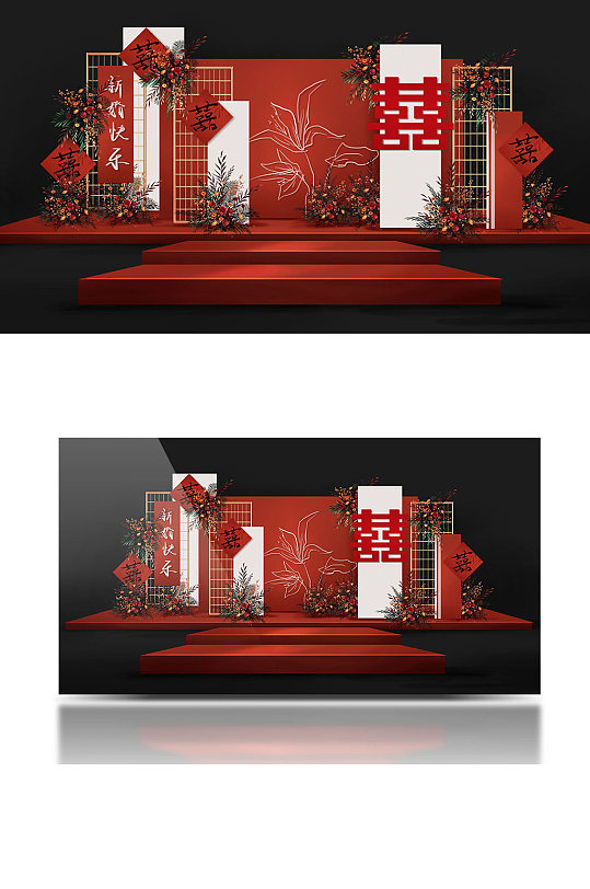 复古简约民国风红色新中式婚礼效果图浪漫-众图网