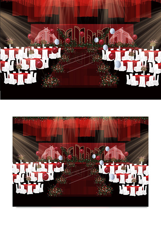 大红色森系婚礼舞台仪式区背景效果图浪漫