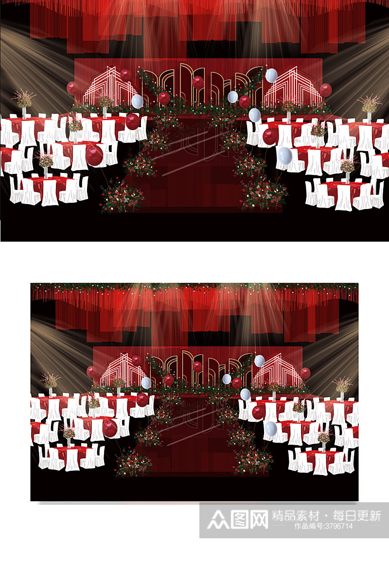 大红色森系婚礼舞台仪式区背景效果图浪漫素材