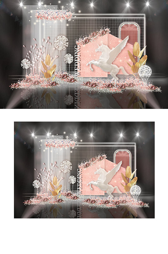 粉色ins风网格背景几何白马婚礼效果图