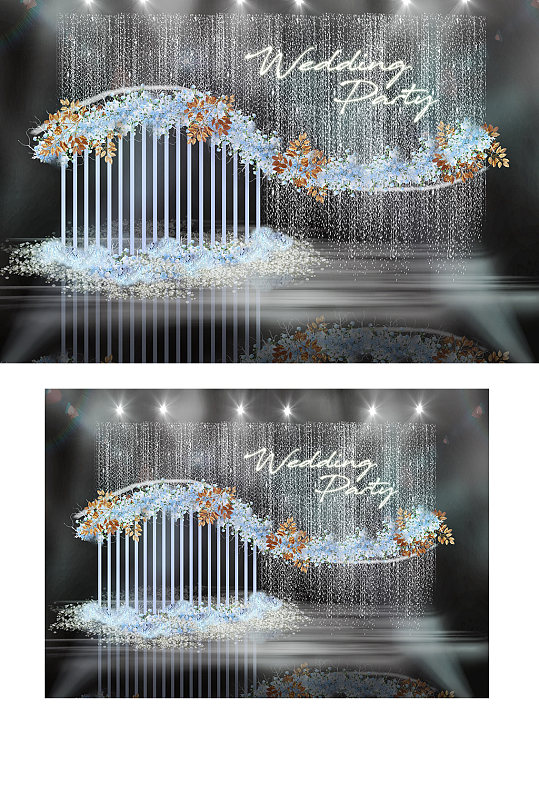 蓝色星星灯瀑布水帘竖纹木栏花海婚礼效果图-众图网