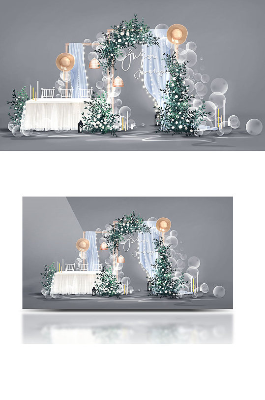 白绿蓝色小清新户外婚礼效果图签到区-众图网