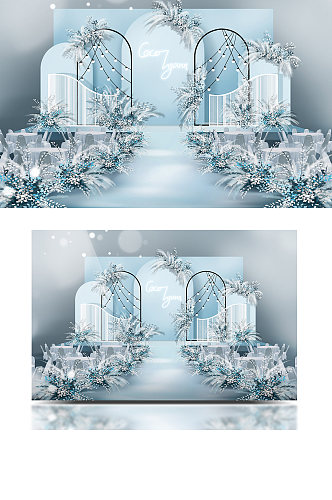 冬季淡蓝色简约小清新冰雪主题婚礼效果图