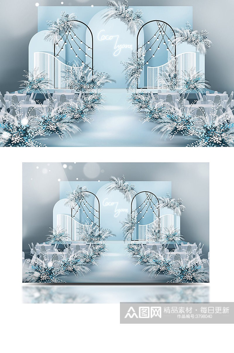 冬季淡蓝色简约小清新冰雪主题婚礼效果图素材